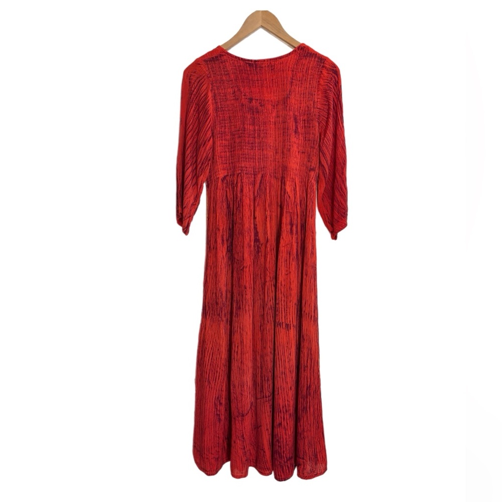 Just Cruising red/yellow/orange 3/4 sleeve boat neck ruched maxi dress - Picture 3 of 3